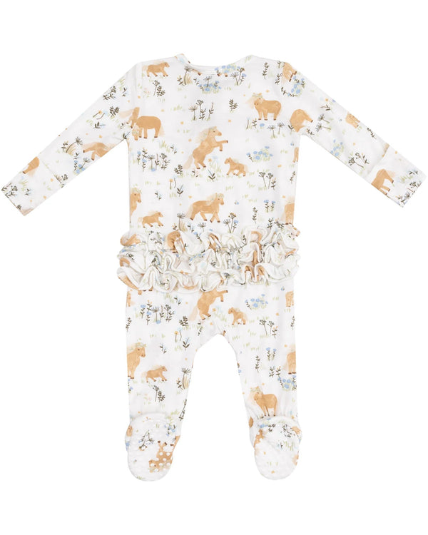 Pretty Ponies 2 Way Zipper Ruffle Back Footie- Beige