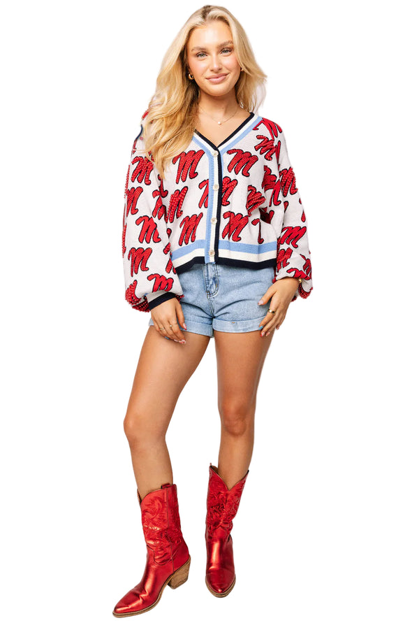 Licensed Ole Miss Knit In Mascot Rhinestone Cardigan-(Women's)