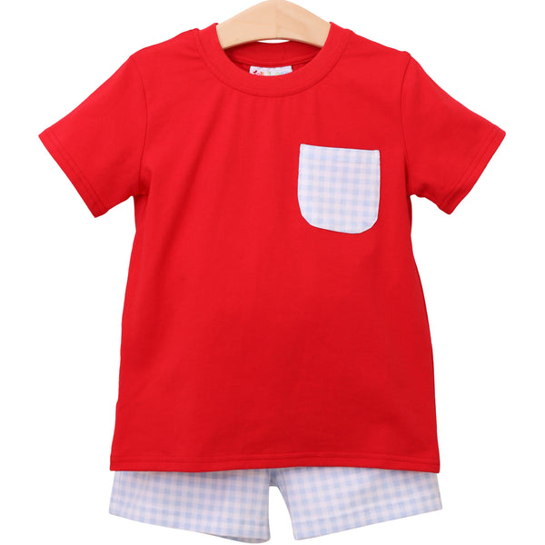 Blue Gingham/Red Pocket Short Set