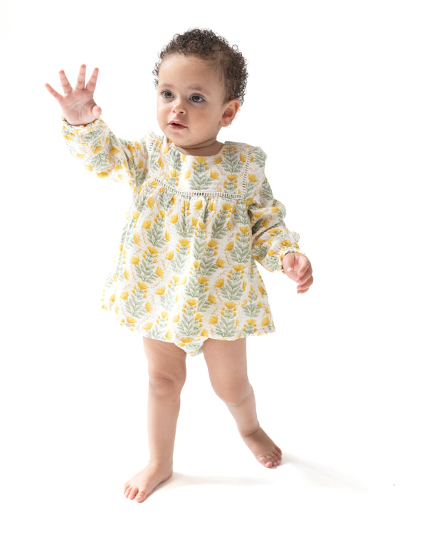 Winter Dandelions L/S Bubble W/ Skirt- Ivory/Yellow