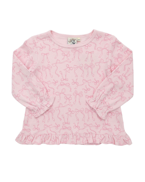Bow Print Ruffle LS Blouse