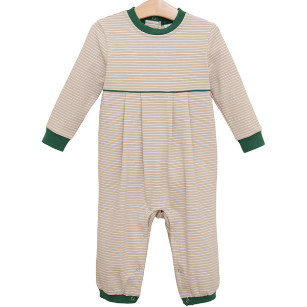 Patrick Romper- Tan Stripe/Hunter Green