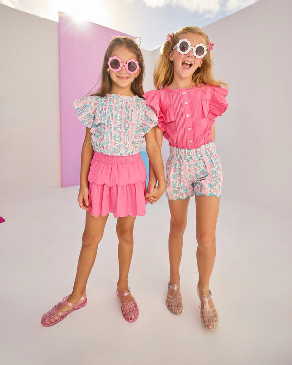 Shirred Scallop Shorts- Marguerite Floral Pink