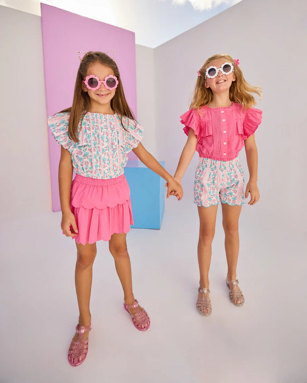 Shirred Scallop Shorts- Marguerite Floral Pink