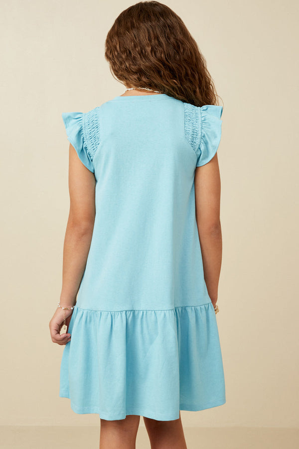 Smocked Shoulder Ruffle Detail Knit Dress