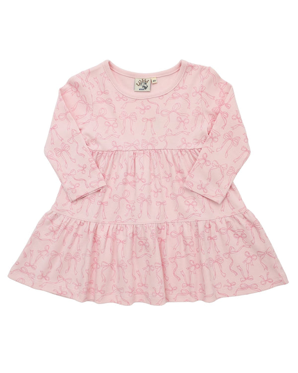 Bow Print Tiered LS Dress