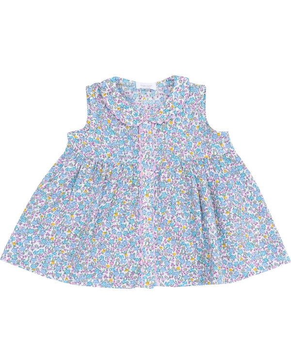 Flowers & Berries Dress W/ Ric Rac Trim- Blue