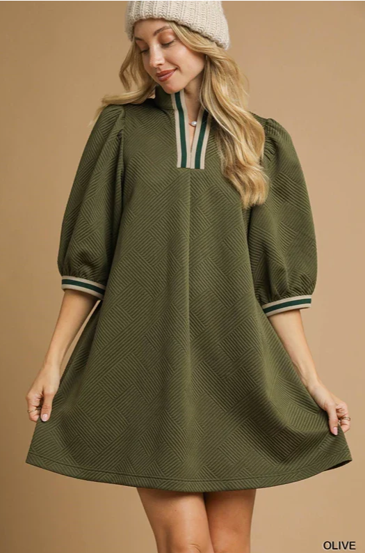 High Neck Jacquard Dress- Olive