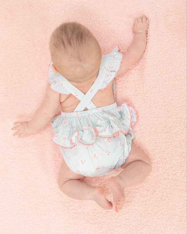 Tiny Cherry Stripe Ric Rac Ruffle Sunsuit