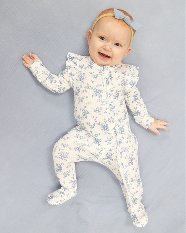 Baby Blue Vines Floral 2 Way Ruffle Sleeve Zipper Footie