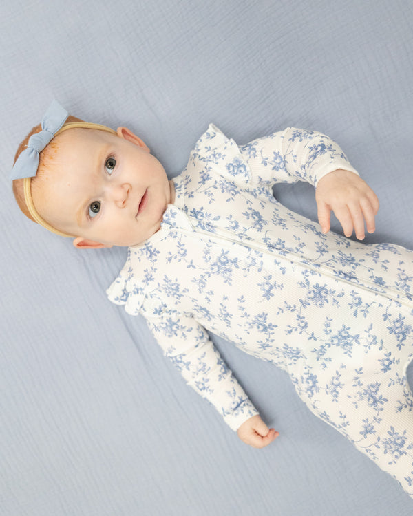 Baby Blue Vines Floral 2 Way Ruffle Sleeve Zipper Footie