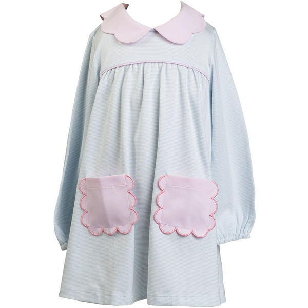Scallop Pocket Dress- Blue Stripe/Pink
