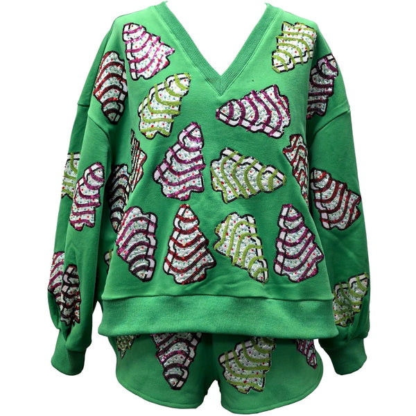 Green Little Debbie Trees V Neck Sweatshirt- Women's