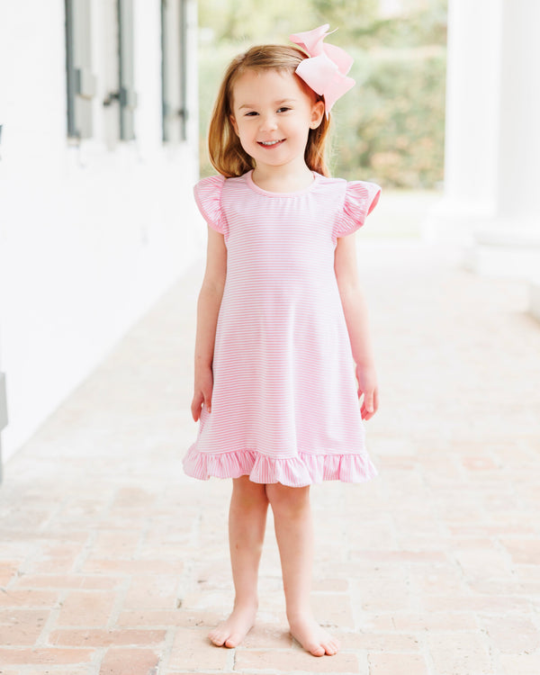 Flutter Sleeve Dress- Light Pink Stripe