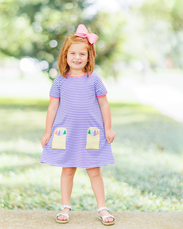 Crayon Pocket Dress-  Lavender Stripe