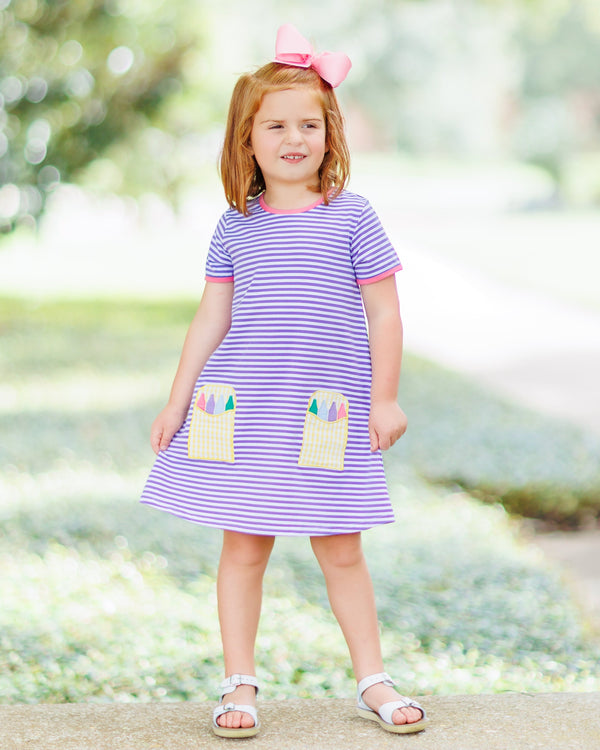 Crayon Pocket Dress-  Lavender Stripe
