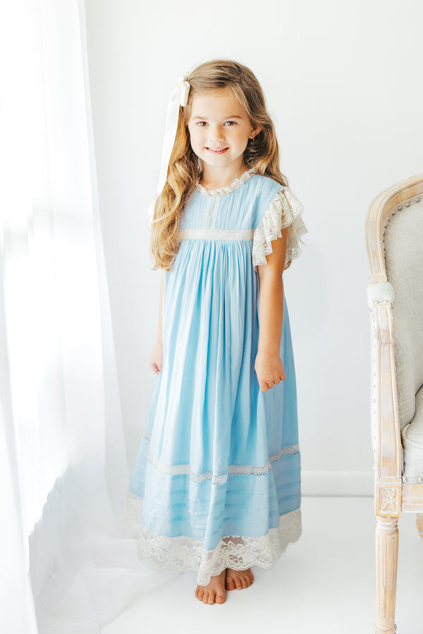 Blue/Ecru Lace Sleeve Heirloom Dress