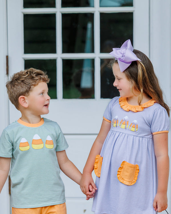 Sweet As Candy Corn Ruffle Pocket Dress