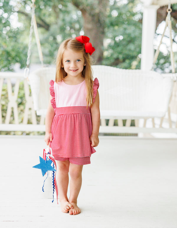 Sophia Short Set- Pink with Red Stripe