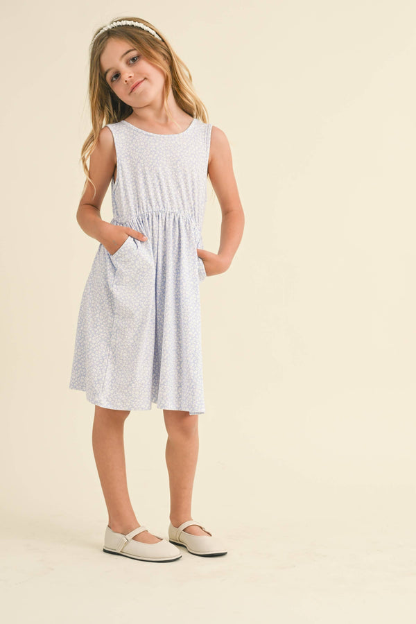 Sleeveless Tie Back Dress- Blue Floral