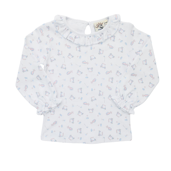 Golf Print Ruffle LS Blouse