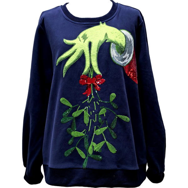 Navy Grinch Mistletoe Hand Sweatshirt- (Women's)