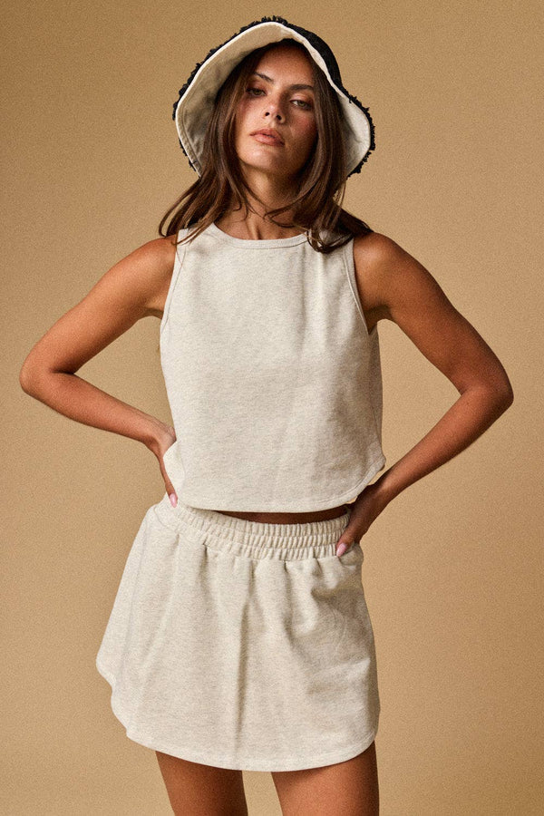 Kailee Terry Knit Tennis Skort Set- White Melange