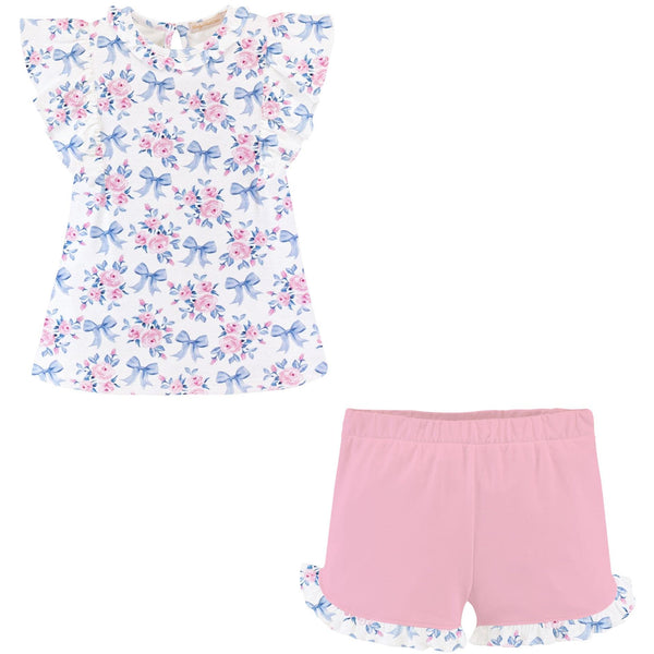 Blue Floral Bows Ruffles Short Set