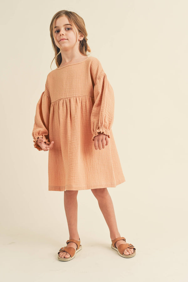 Crinkled Texture Puff Sleeve Dress- Sand