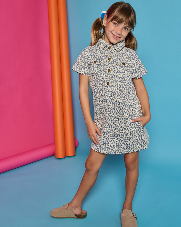 Safari Popover Dress- French Blue Floral Corduroy