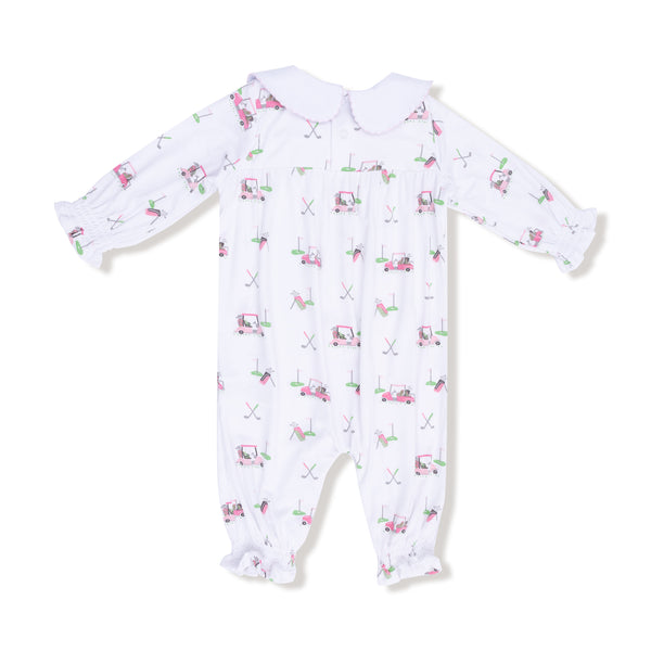Baby Golf Carts Smocked L/S Romper- Pink/White