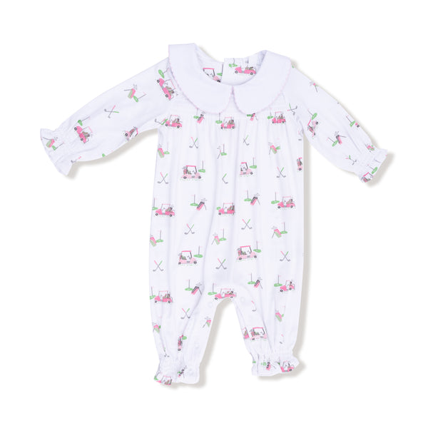 Baby Golf Carts Smocked L/S Romper- Pink/White