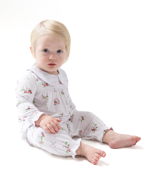 Baby Golf Carts Smocked L/S Romper- Pink/White