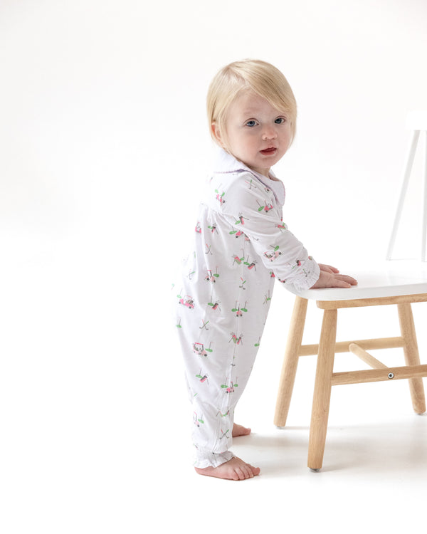Baby Golf Carts Smocked L/S Romper- Pink/White