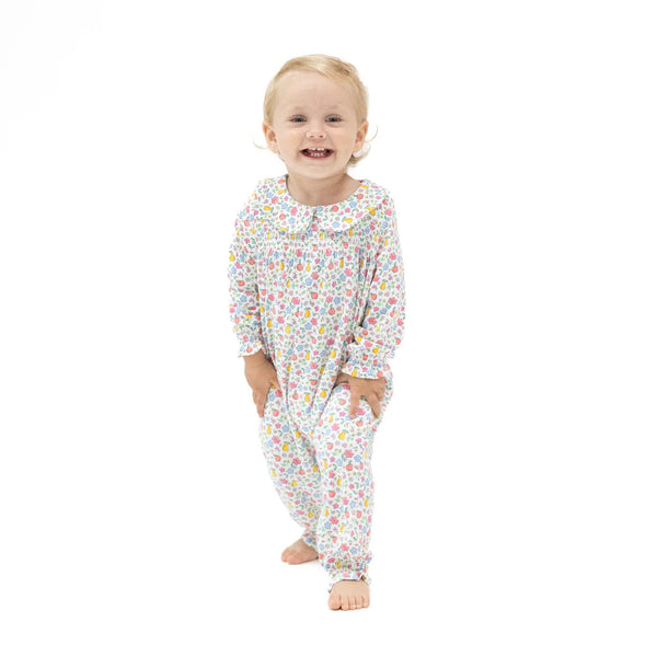 Fall Fruit Floral Smocked L/S Romper W/ Peter Pan Collar