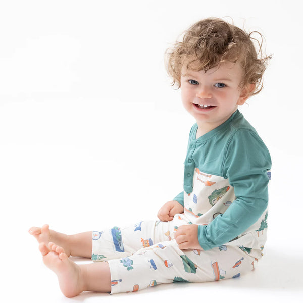 Fishing Things Romper W/ Contrast Sleeves- Frosty Spruce