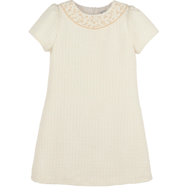 Embroidery Tweed Shift Dress- Ivory