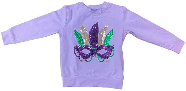 Sequin Mardi Gras Mask LS Shirt- Lavender