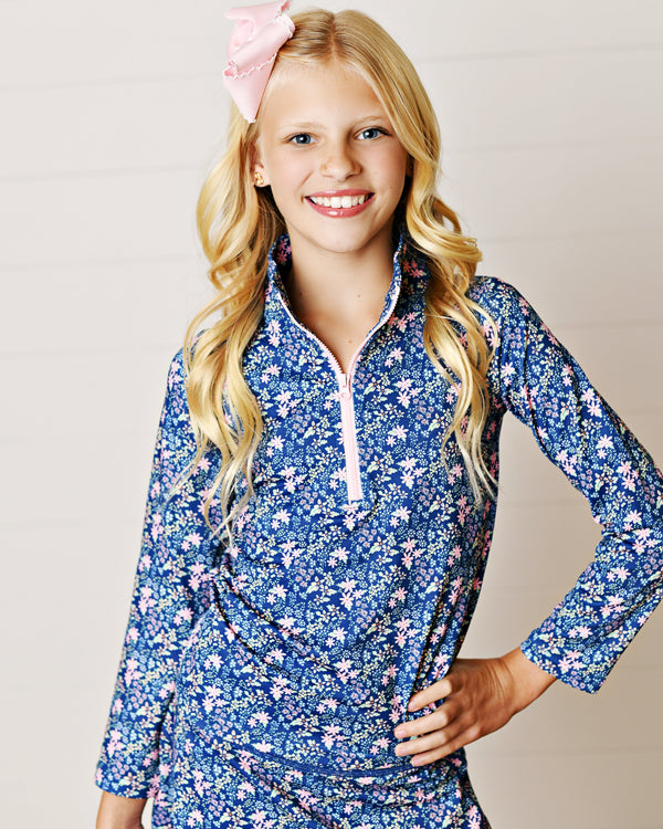 Navy Ditsy Floral Zip Pullover Top