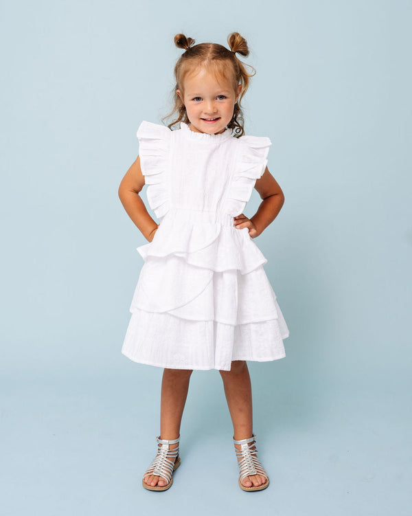 White Geometric Embroidery Rebecca Ruffle Dress