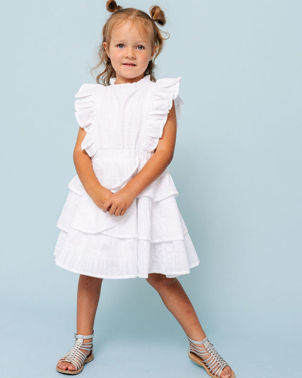 White Geometric Embroidery Rebecca Ruffle Dress