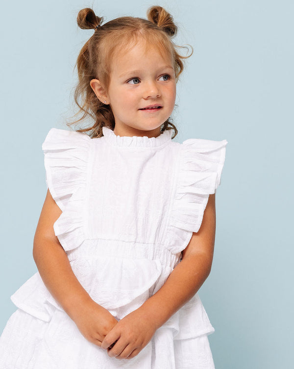 White Geometric Embroidery Rebecca Ruffle Dress