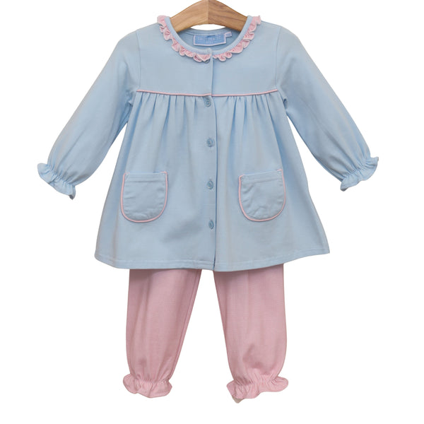 Amelia Bloomer Pant Set- Light Pink Microgingham/Light Blue