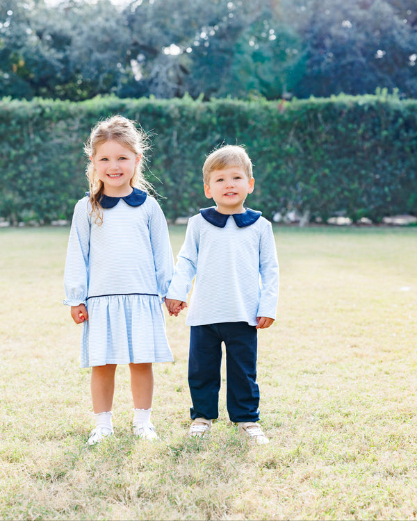 Archie Bloomer Pant Set- Light Blue Stripe/Navy