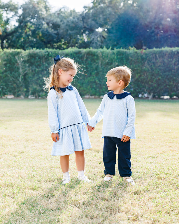 Archie Bloomer Pant Set- Light Blue Stripe/Navy