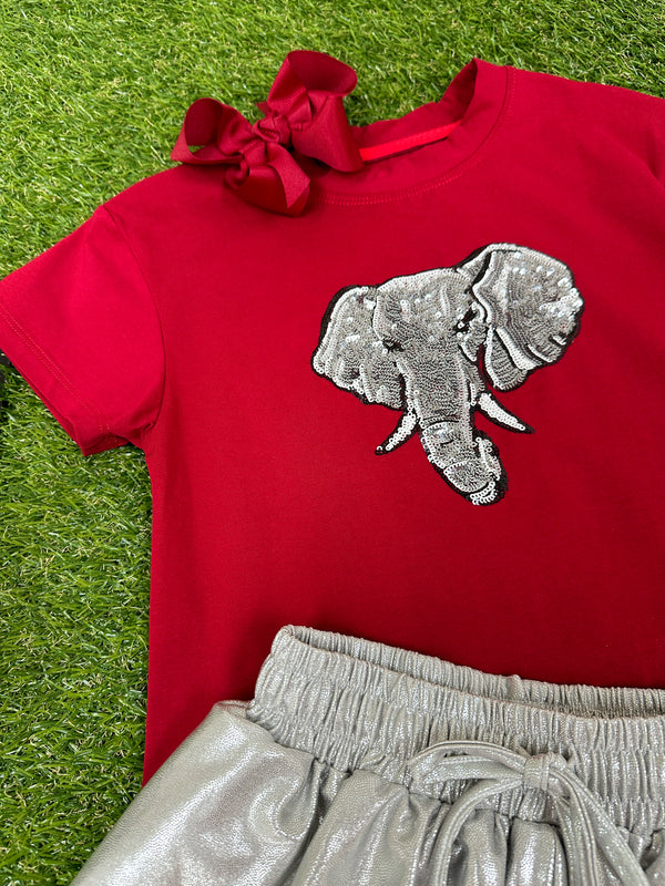 Sequin Elephant Boxy T- Crimson