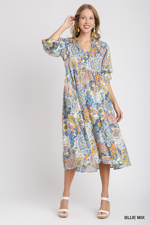 Tiered A-Line Dress- Blue Mix