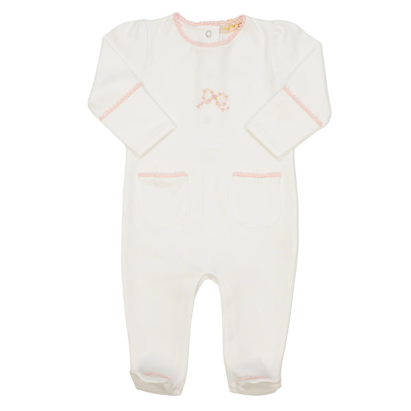 Pretty Bows Embroidered Footie W/ Pockets & Crochet Trim