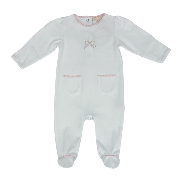 Pretty Bows Footie W/ Pockets & Crochet Trim