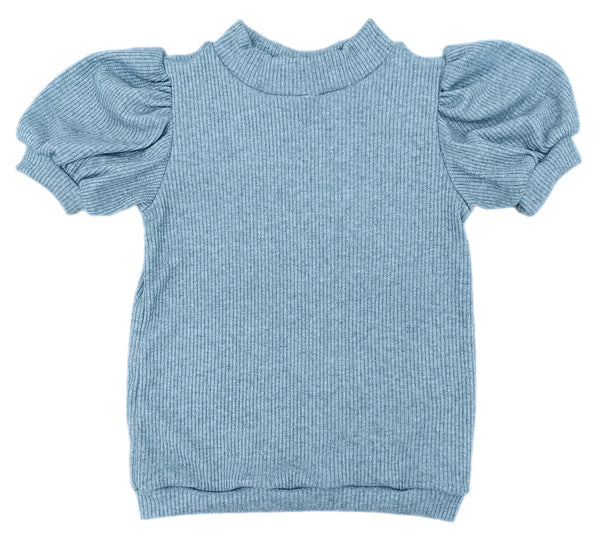 Basic Ribbed Sparkle Short Sleeve Puff Top